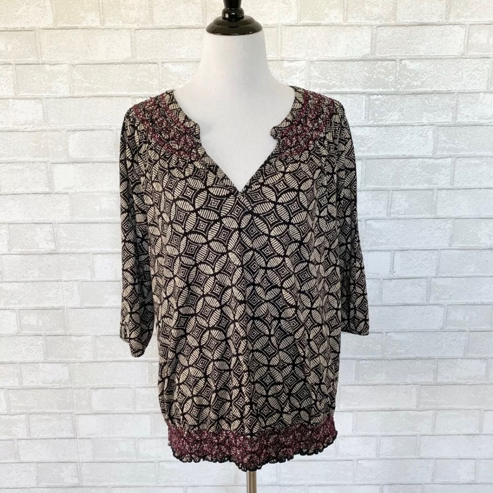 Lucky Brand Women’s Black Peasant Boho Hippie V Neck Top Blouse Tunic XL 1X